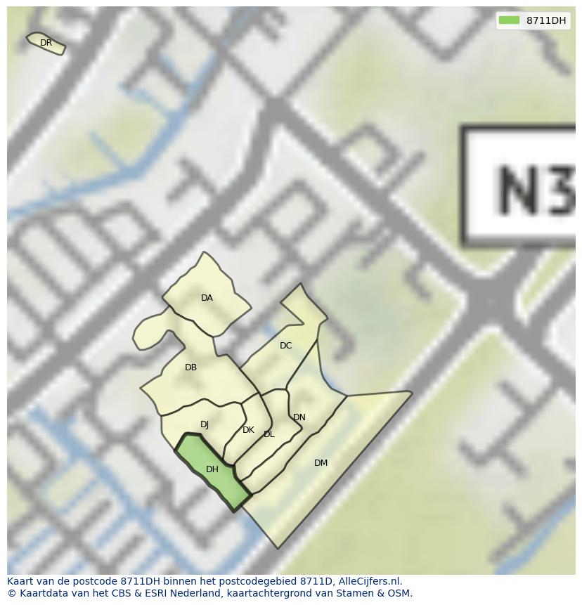 Afbeelding van het postcodegebied 8711 DH op de kaart.