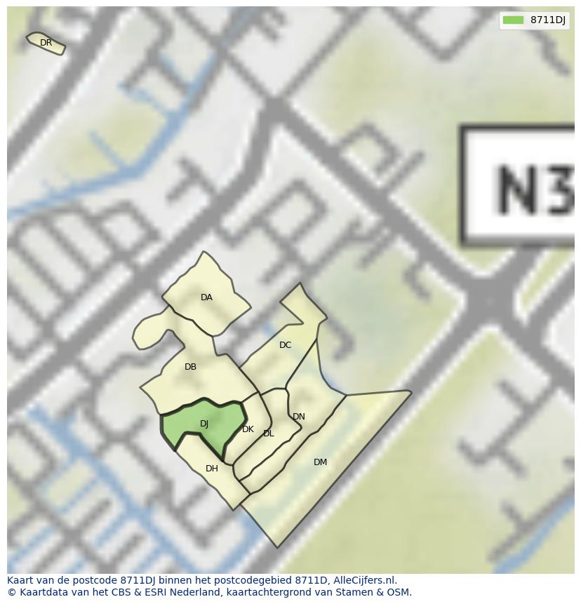 Afbeelding van het postcodegebied 8711 DJ op de kaart.