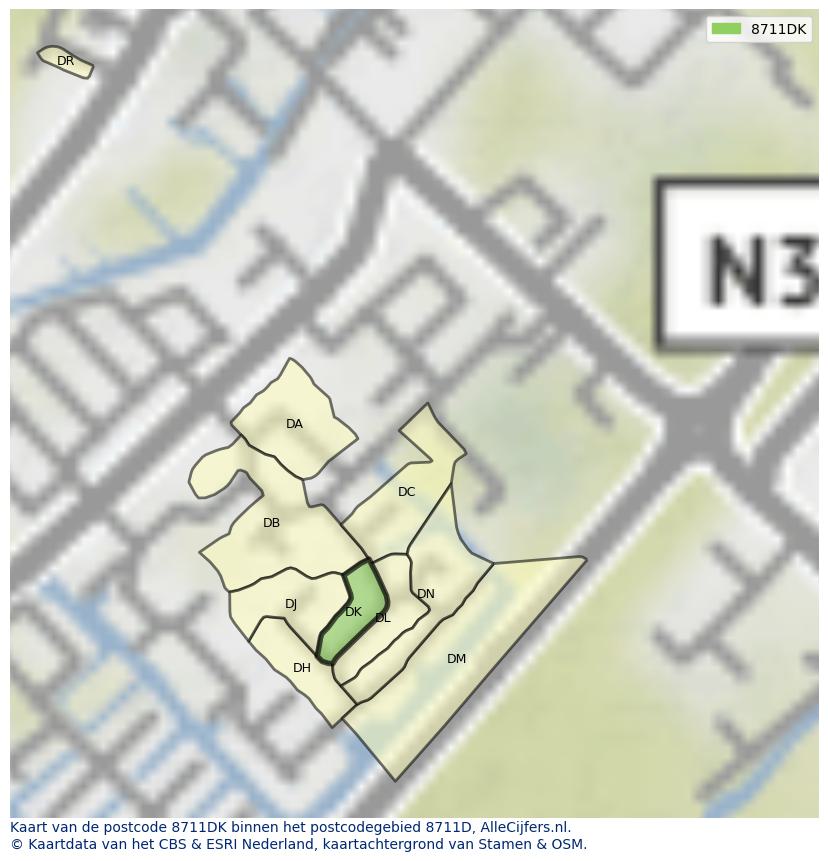 Afbeelding van het postcodegebied 8711 DK op de kaart.