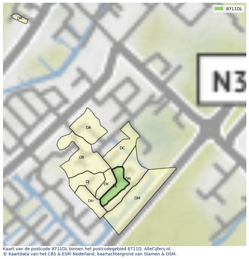 Afbeelding van het postcodegebied 8711 DL op de kaart.