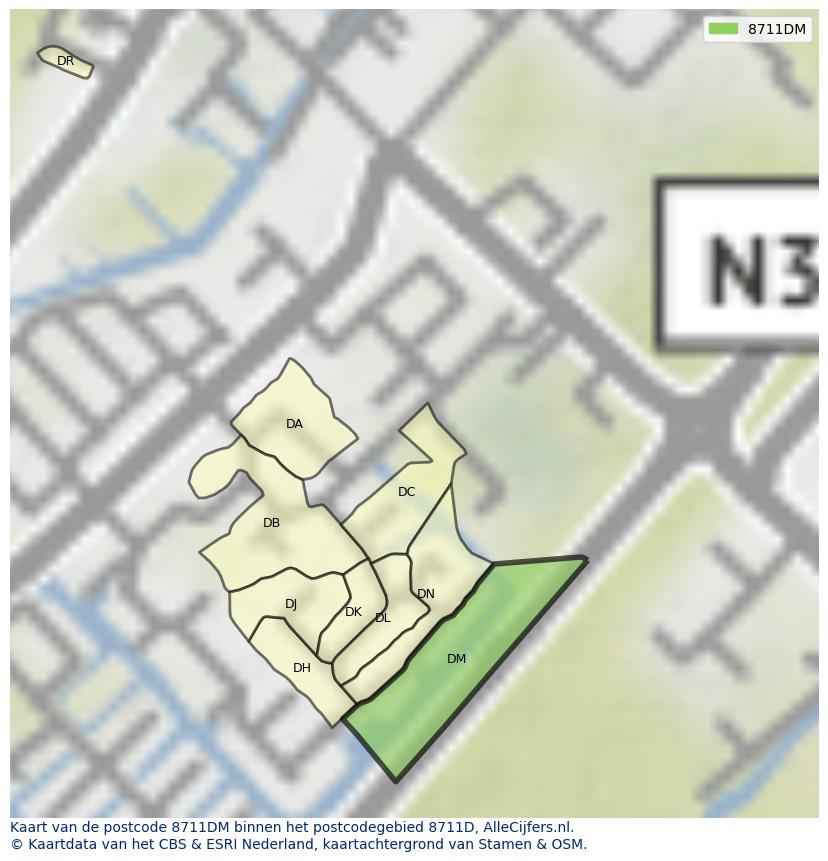 Afbeelding van het postcodegebied 8711 DM op de kaart.