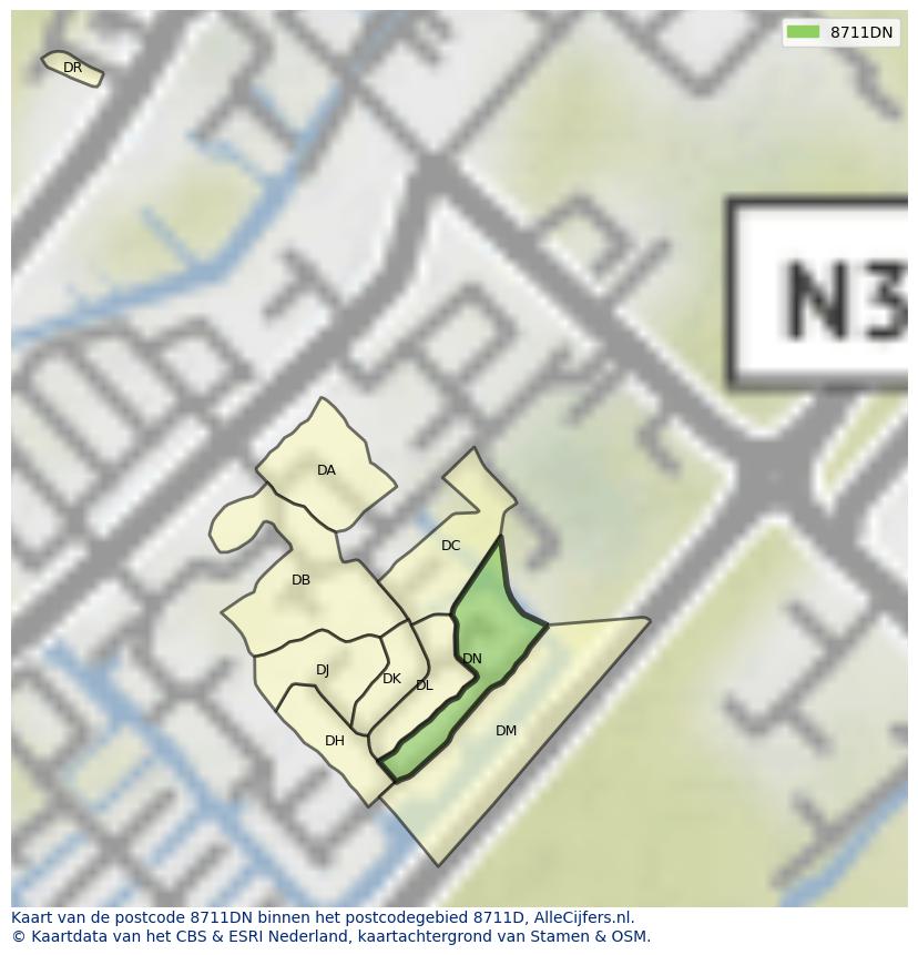 Afbeelding van het postcodegebied 8711 DN op de kaart.