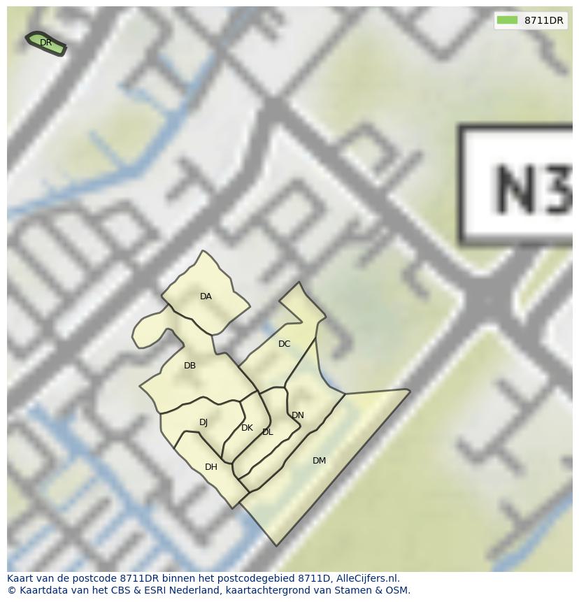 Afbeelding van het postcodegebied 8711 DR op de kaart.