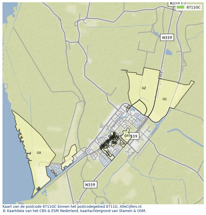 Afbeelding van het postcodegebied 8711 GC op de kaart.