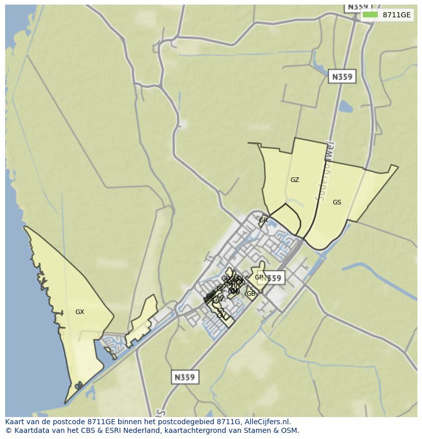 Afbeelding van het postcodegebied 8711 GE op de kaart.