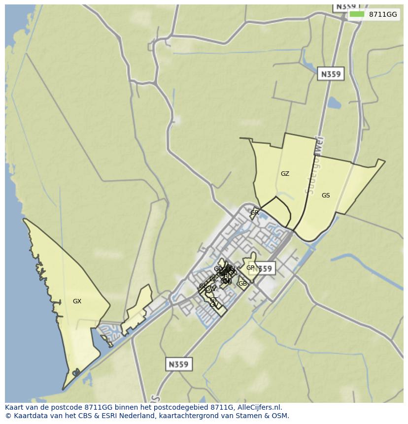 Afbeelding van het postcodegebied 8711 GG op de kaart.