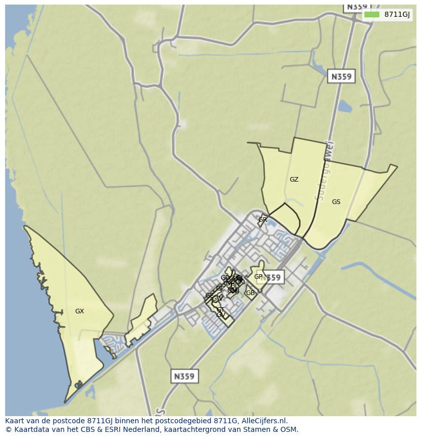 Afbeelding van het postcodegebied 8711 GJ op de kaart.