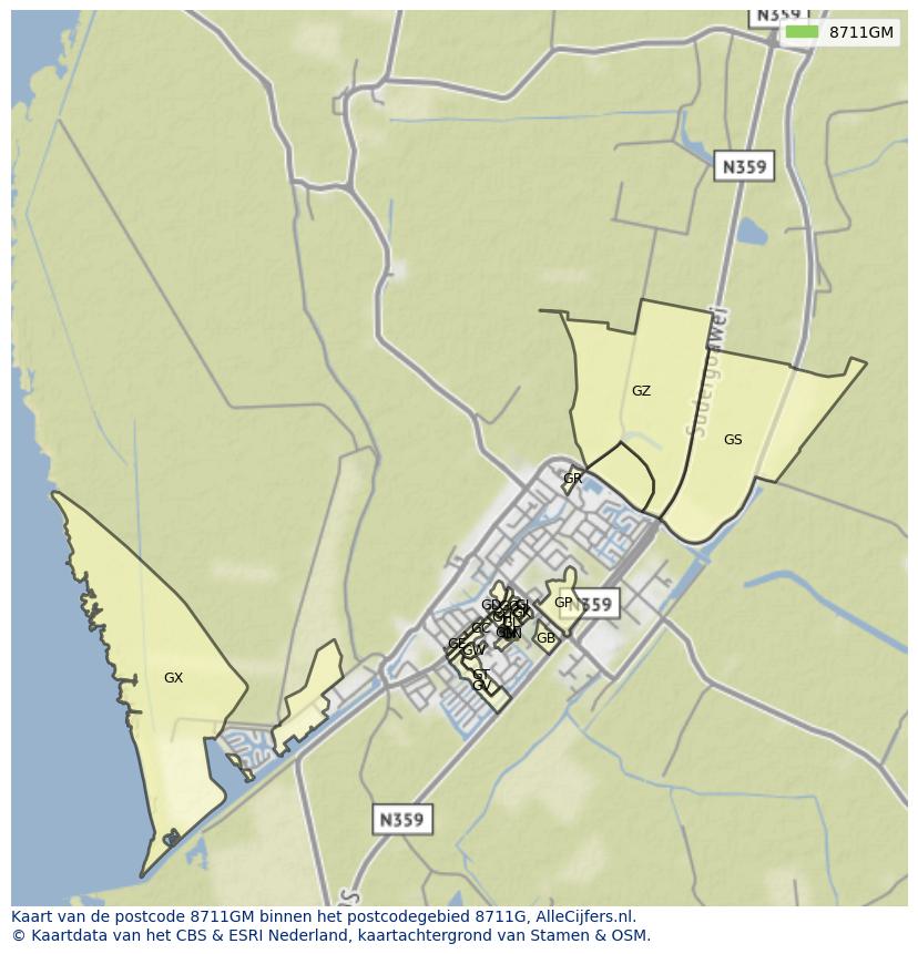 Afbeelding van het postcodegebied 8711 GM op de kaart.