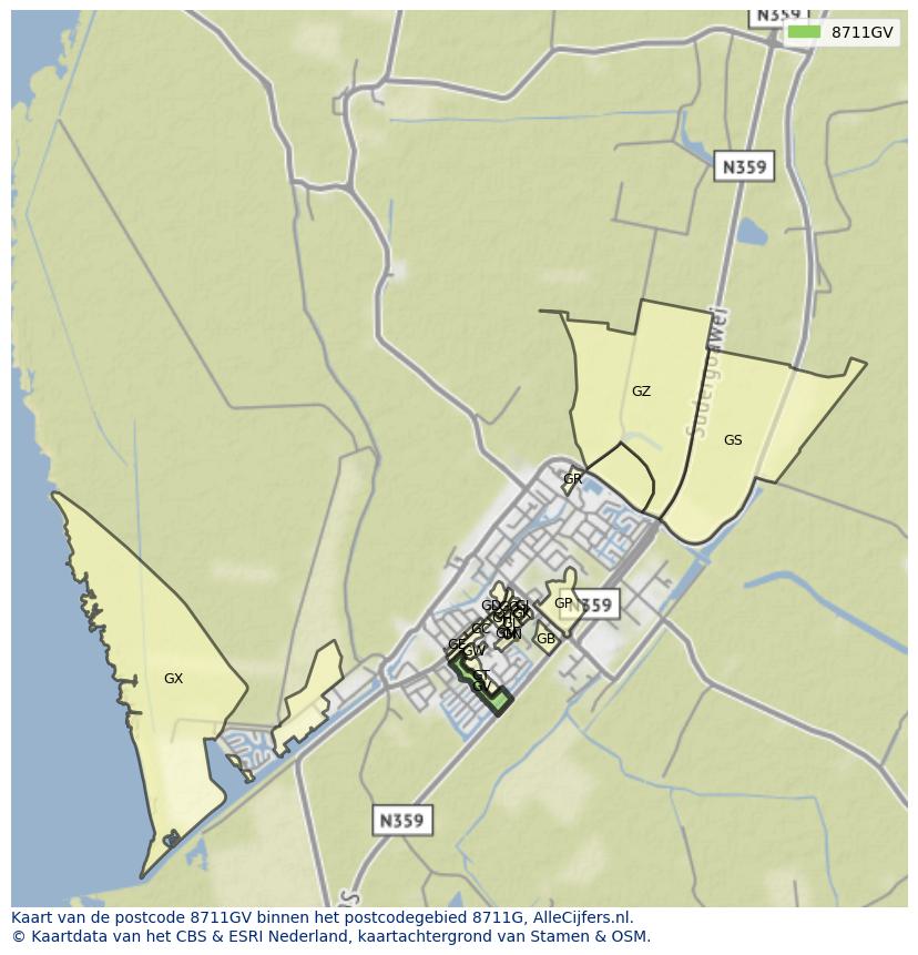 Afbeelding van het postcodegebied 8711 GV op de kaart.