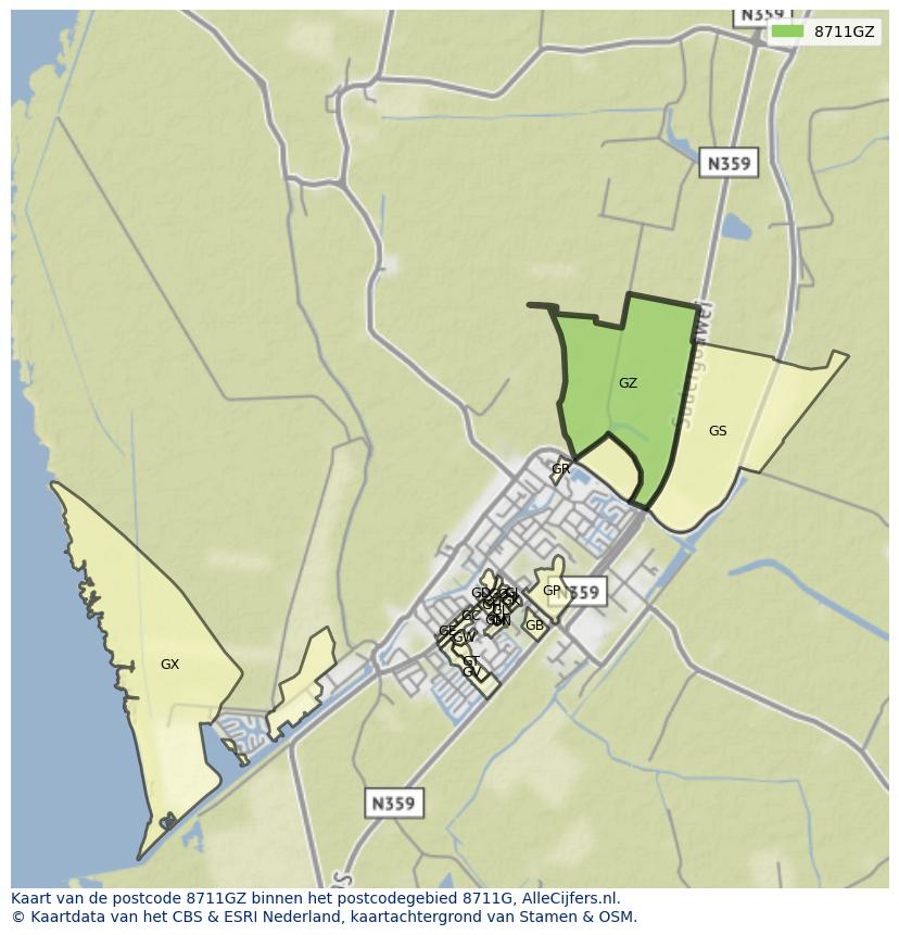 Afbeelding van het postcodegebied 8711 GZ op de kaart.