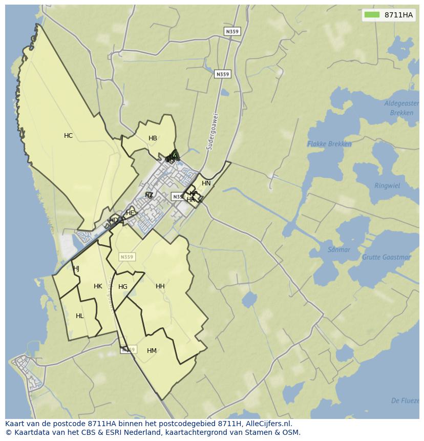 Afbeelding van het postcodegebied 8711 HA op de kaart.