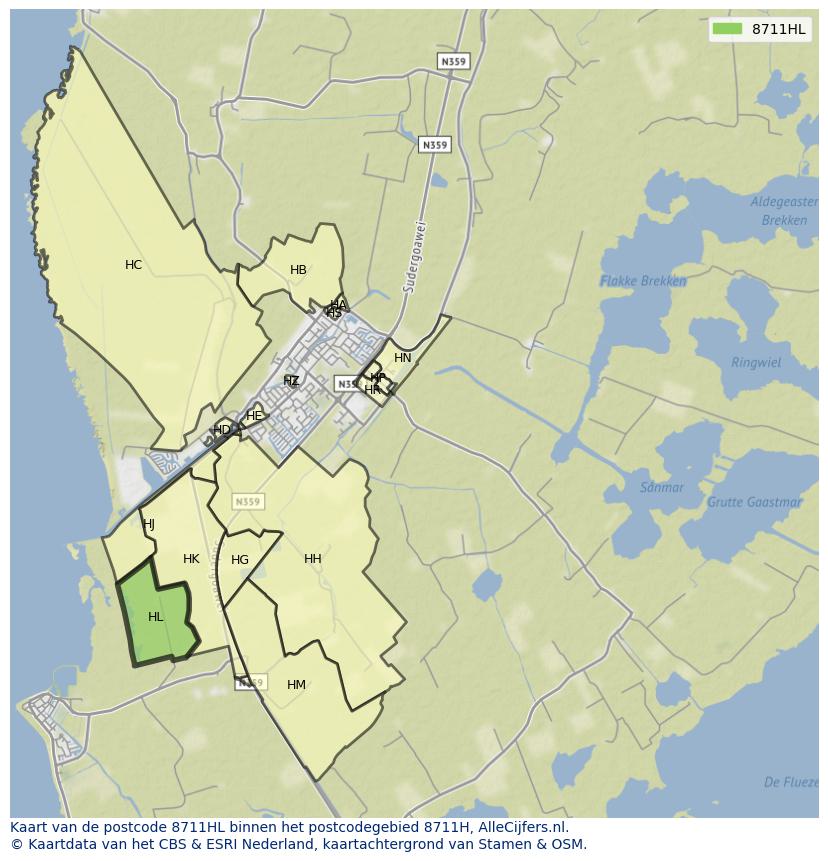 Afbeelding van het postcodegebied 8711 HL op de kaart.
