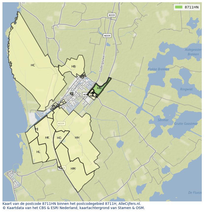 Afbeelding van het postcodegebied 8711 HN op de kaart.