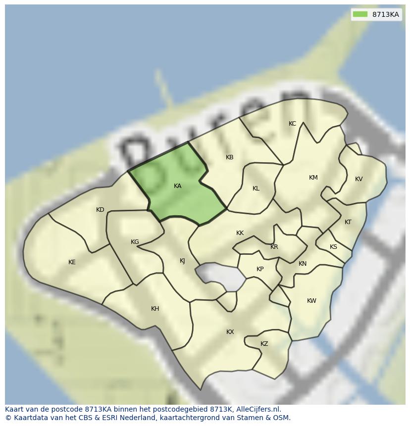 Afbeelding van het postcodegebied 8713 KA op de kaart.