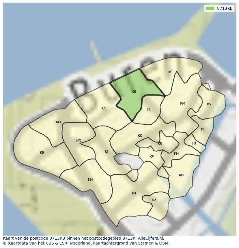 Afbeelding van het postcodegebied 8713 KB op de kaart.