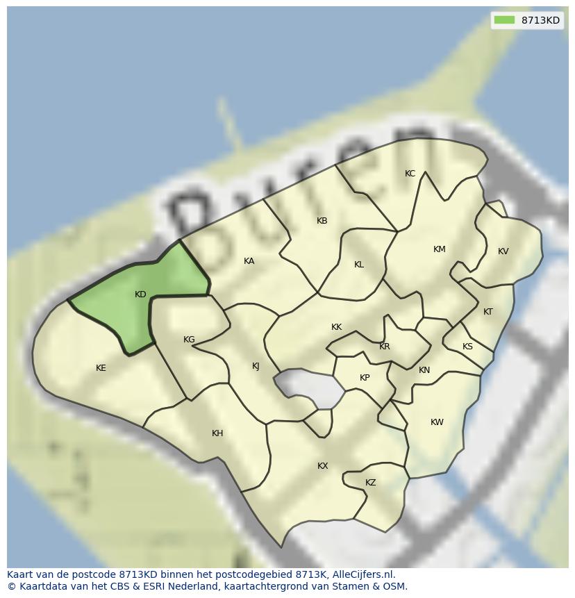 Afbeelding van het postcodegebied 8713 KD op de kaart.