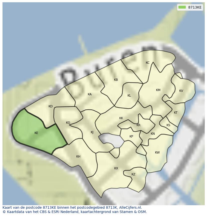 Afbeelding van het postcodegebied 8713 KE op de kaart.