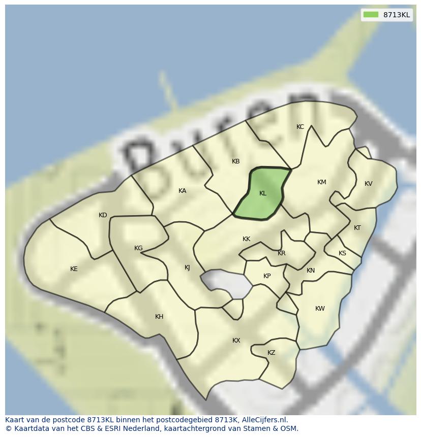 Afbeelding van het postcodegebied 8713 KL op de kaart.