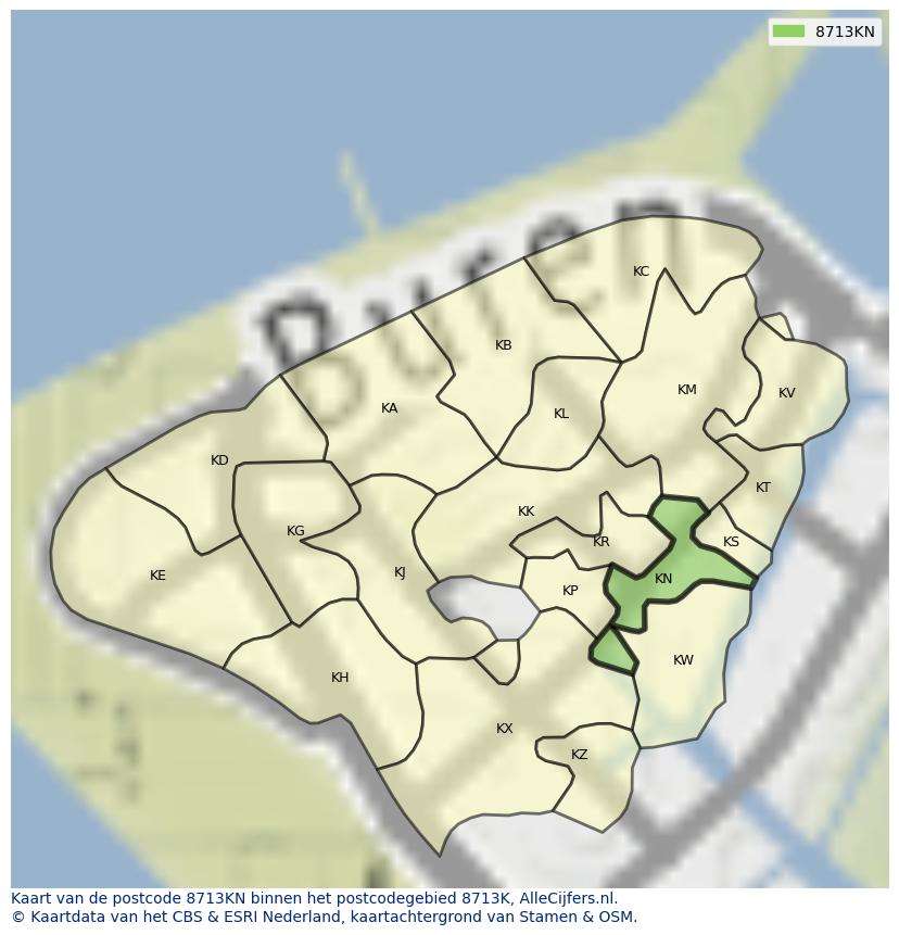 Afbeelding van het postcodegebied 8713 KN op de kaart.