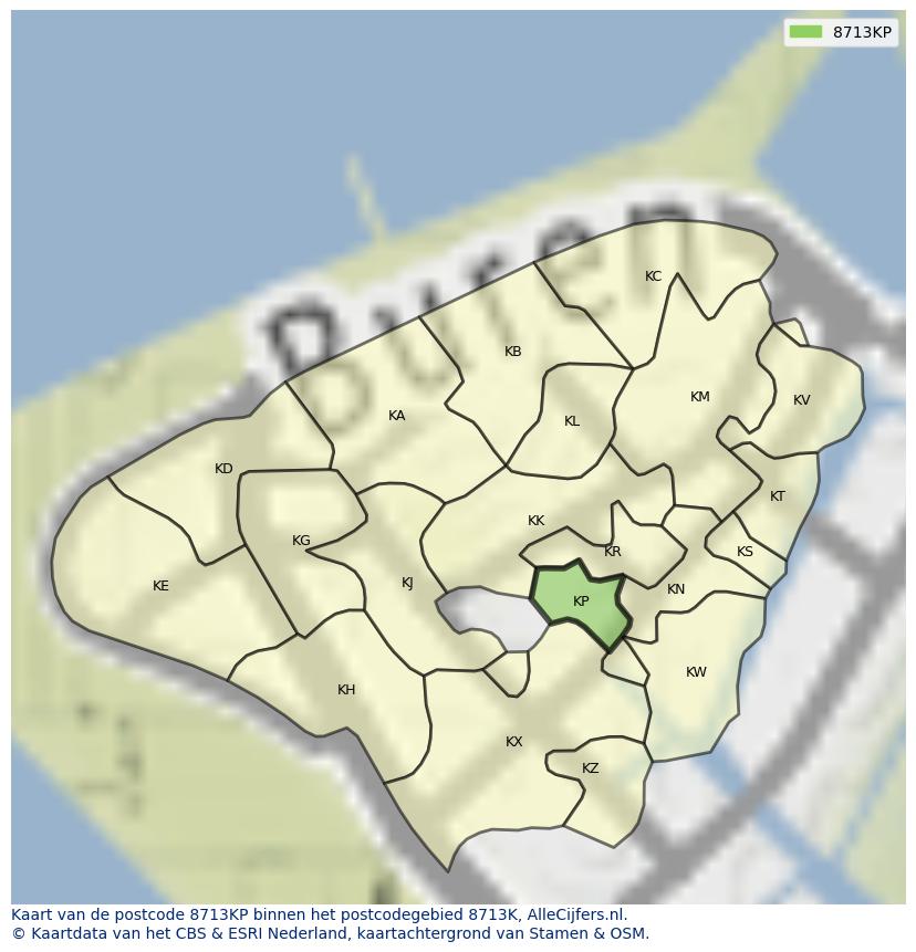 Afbeelding van het postcodegebied 8713 KP op de kaart.