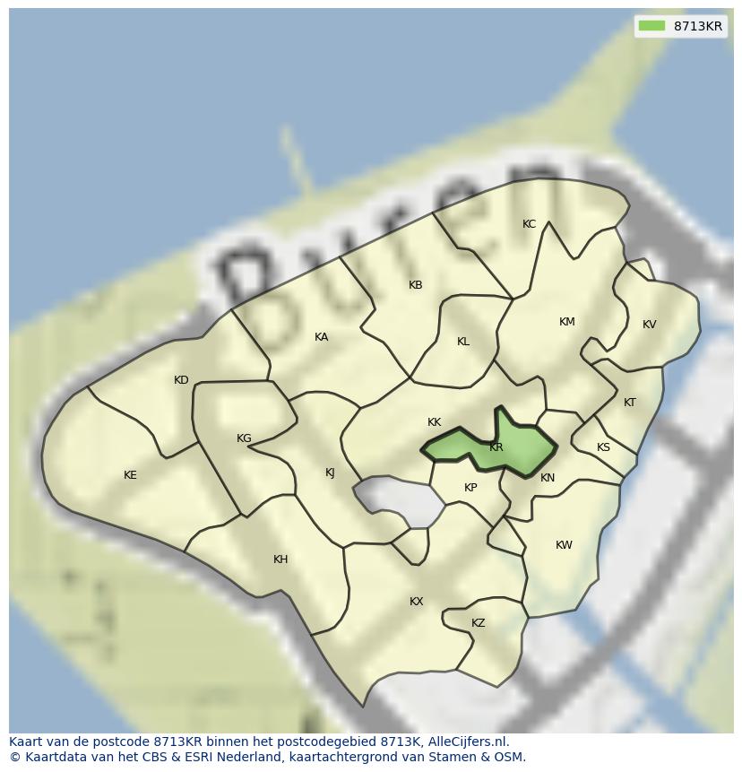 Afbeelding van het postcodegebied 8713 KR op de kaart.