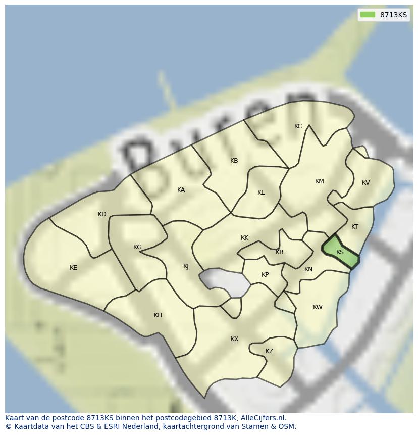 Afbeelding van het postcodegebied 8713 KS op de kaart.