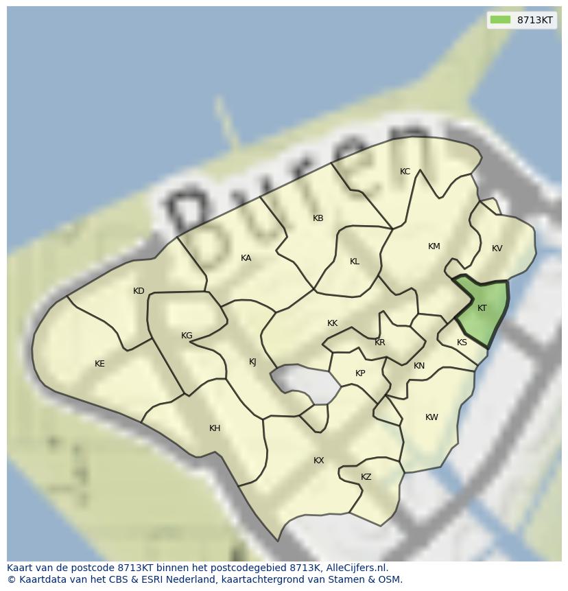 Afbeelding van het postcodegebied 8713 KT op de kaart.