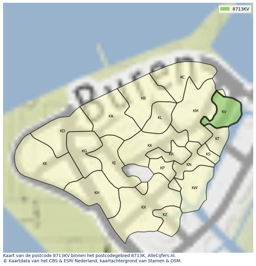Afbeelding van het postcodegebied 8713 KV op de kaart.