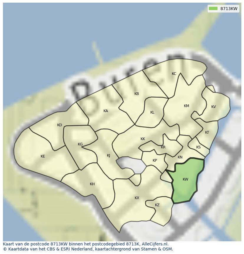 Afbeelding van het postcodegebied 8713 KW op de kaart.