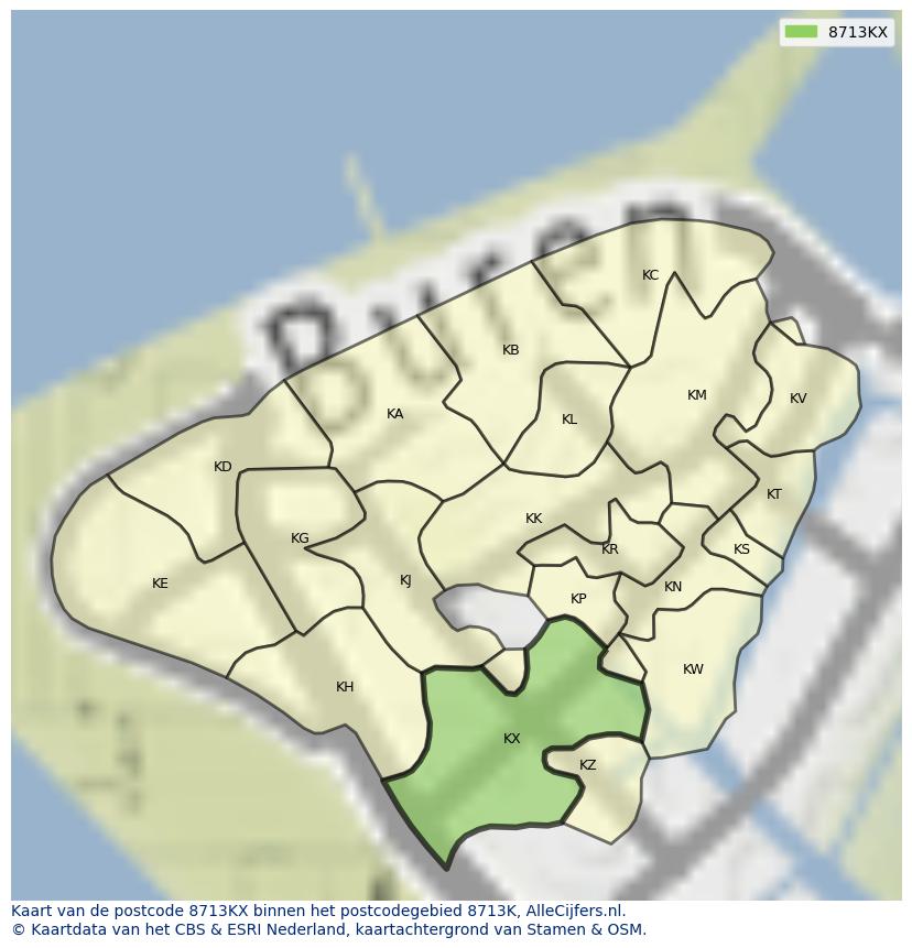 Afbeelding van het postcodegebied 8713 KX op de kaart.