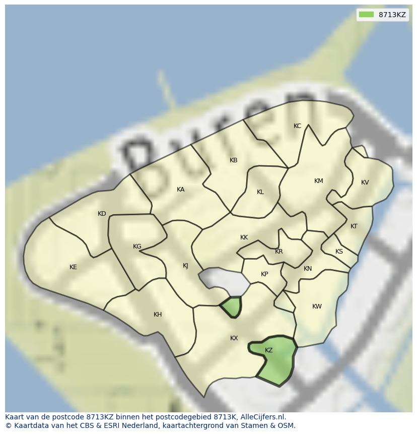 Afbeelding van het postcodegebied 8713 KZ op de kaart.