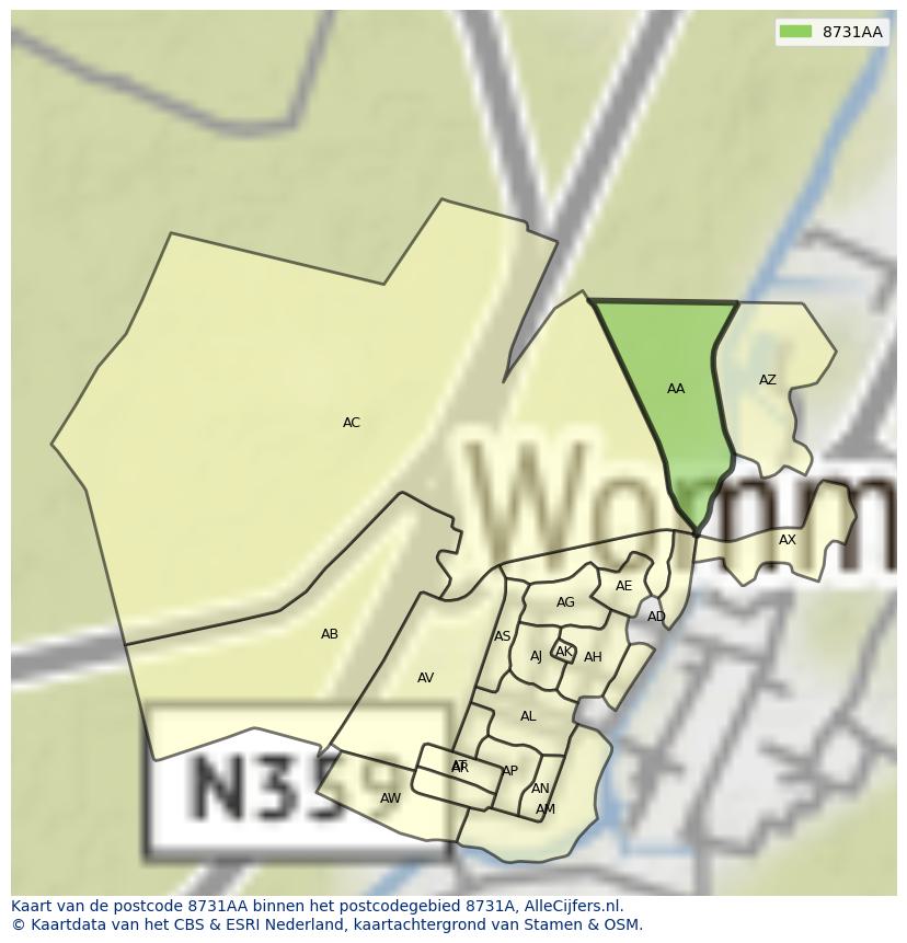 Afbeelding van het postcodegebied 8731 AA op de kaart.