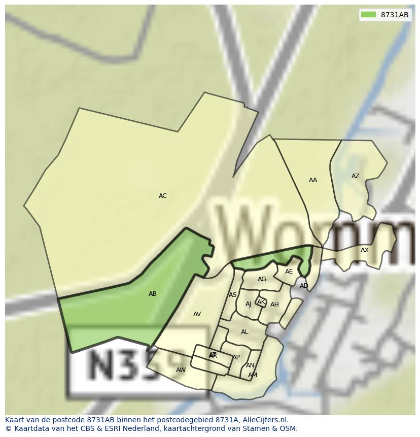 Afbeelding van het postcodegebied 8731 AB op de kaart.