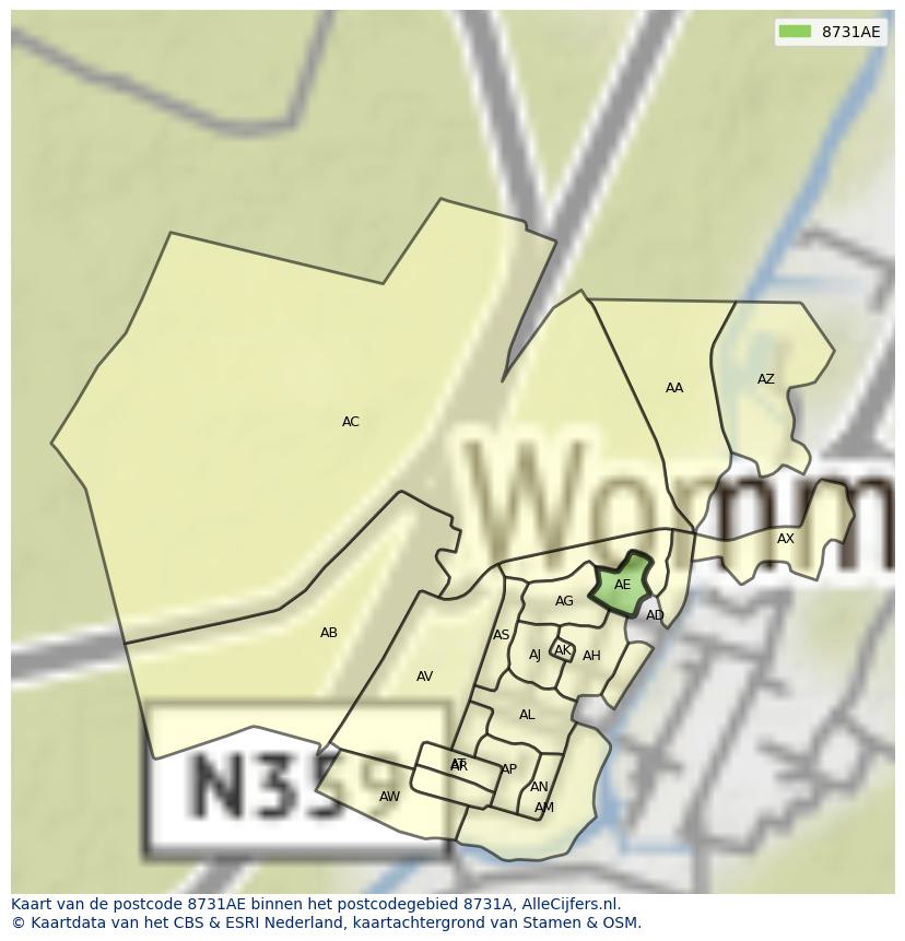 Afbeelding van het postcodegebied 8731 AE op de kaart.