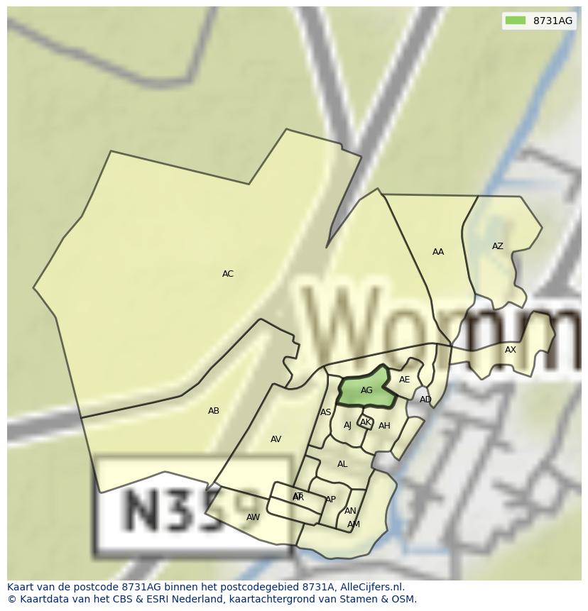 Afbeelding van het postcodegebied 8731 AG op de kaart.