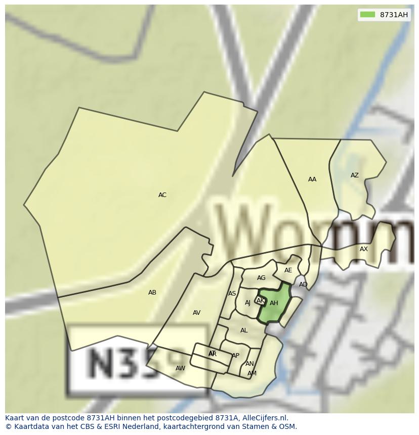 Afbeelding van het postcodegebied 8731 AH op de kaart.