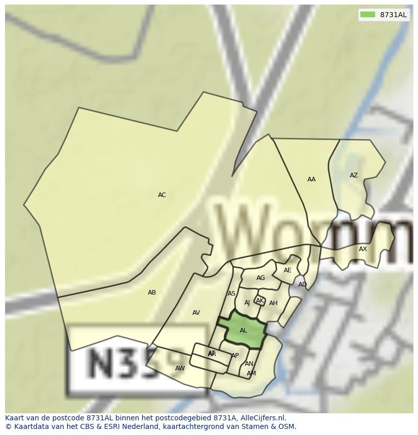 Afbeelding van het postcodegebied 8731 AL op de kaart.