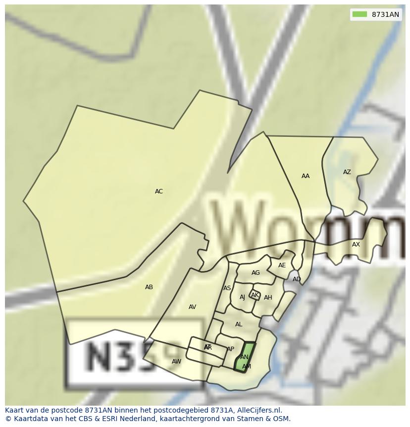 Afbeelding van het postcodegebied 8731 AN op de kaart.