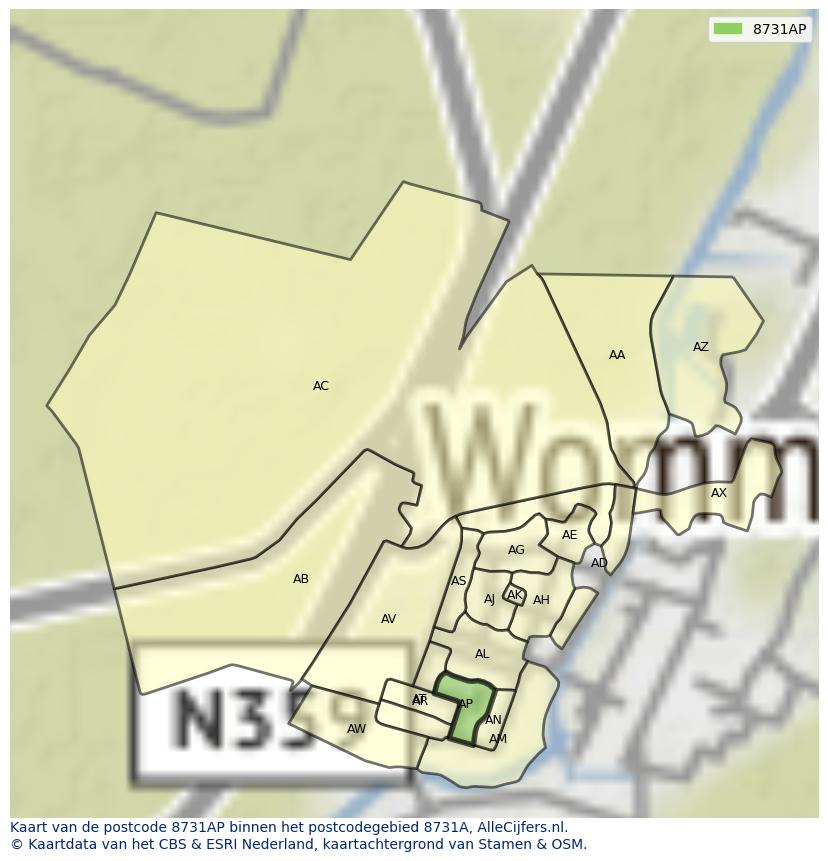 Afbeelding van het postcodegebied 8731 AP op de kaart.
