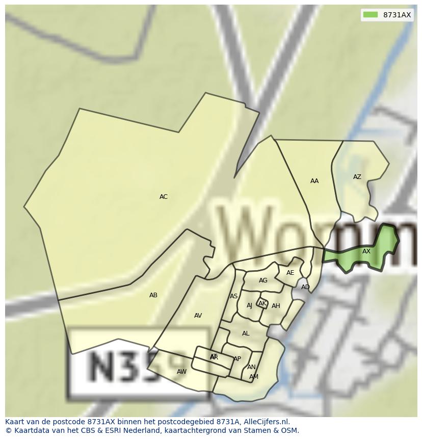Afbeelding van het postcodegebied 8731 AX op de kaart.