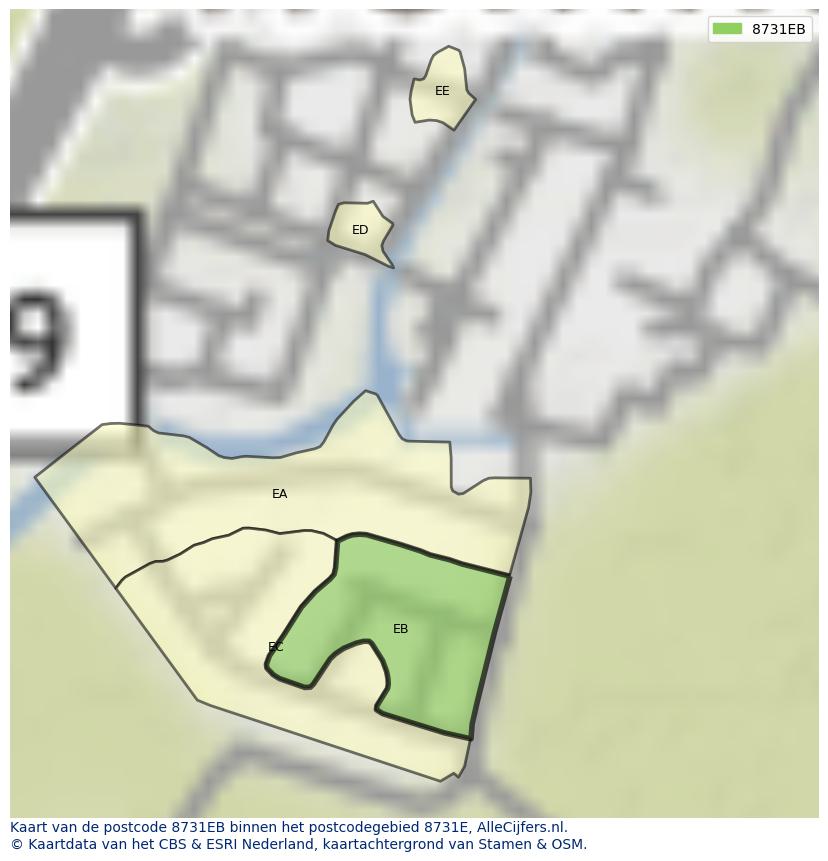 Afbeelding van het postcodegebied 8731 EB op de kaart.