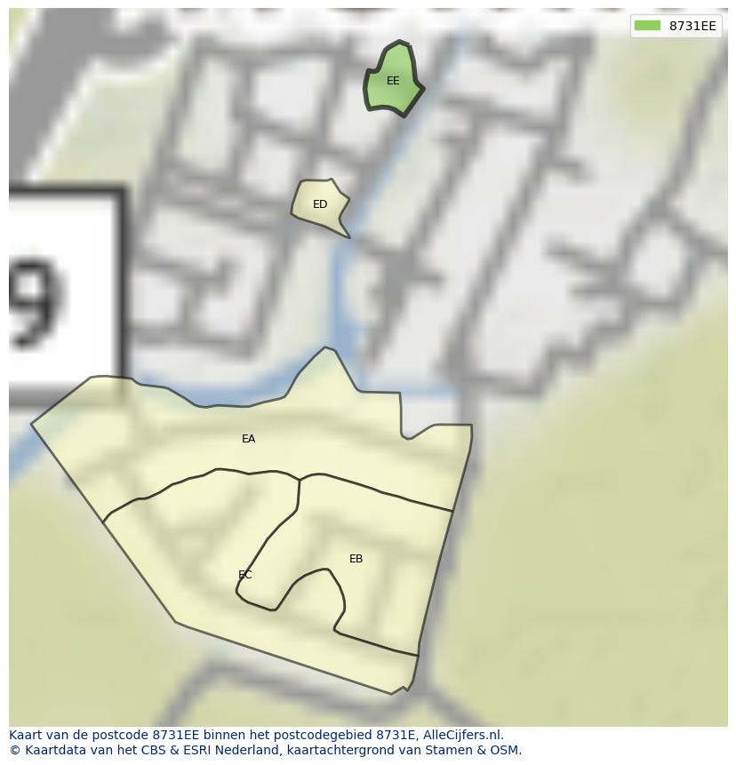 Afbeelding van het postcodegebied 8731 EE op de kaart.