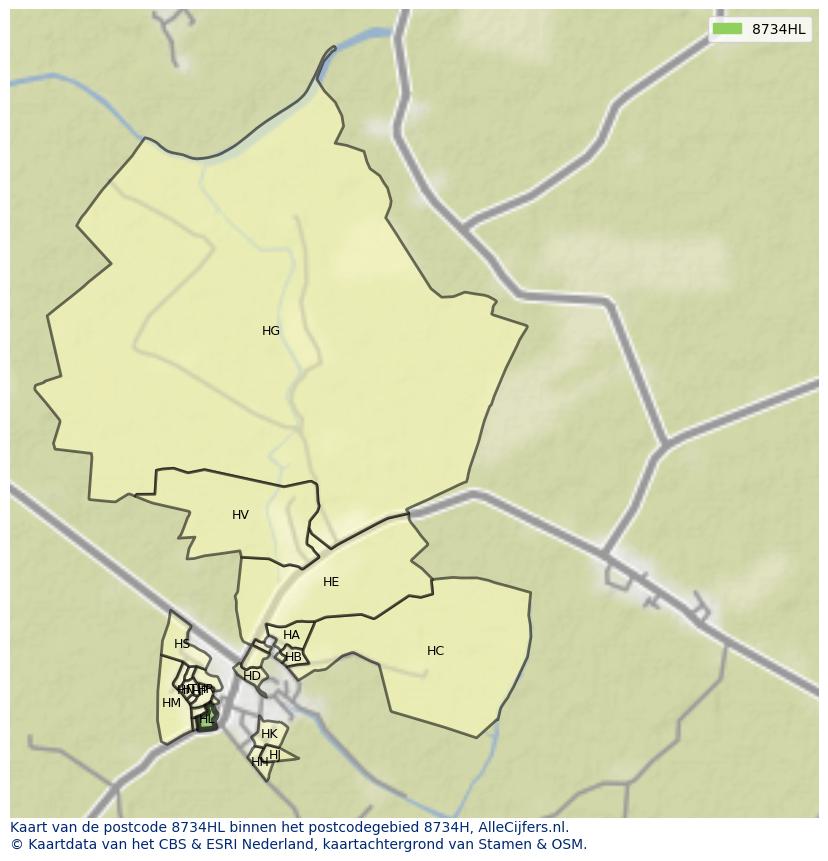 Afbeelding van het postcodegebied 8734 HL op de kaart.