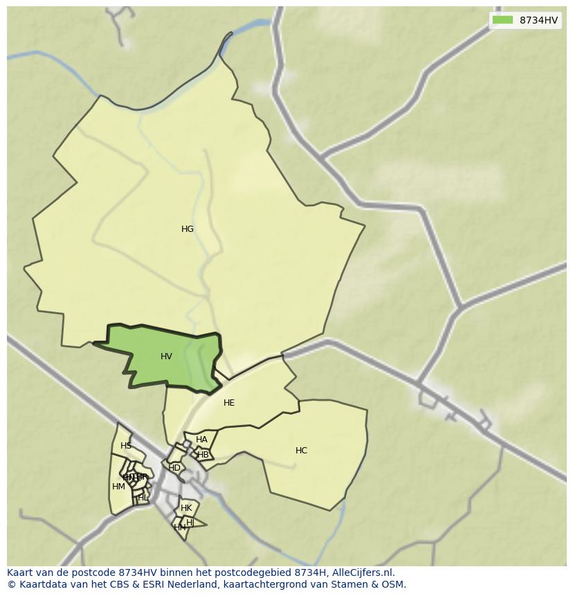 Afbeelding van het postcodegebied 8734 HV op de kaart.