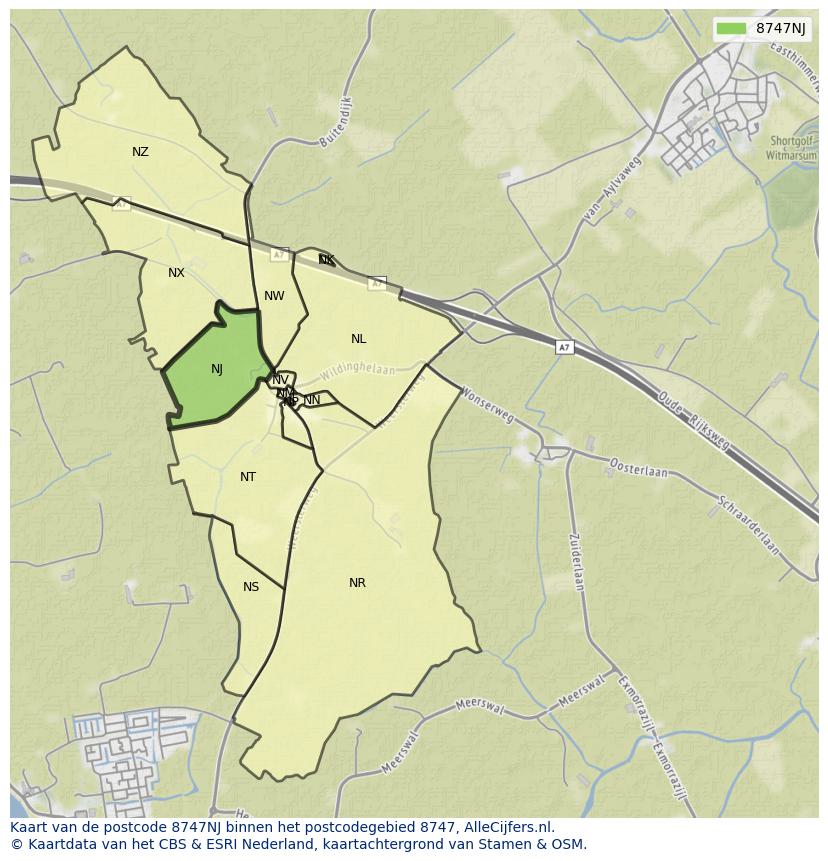 Afbeelding van het postcodegebied 8747 NJ op de kaart.