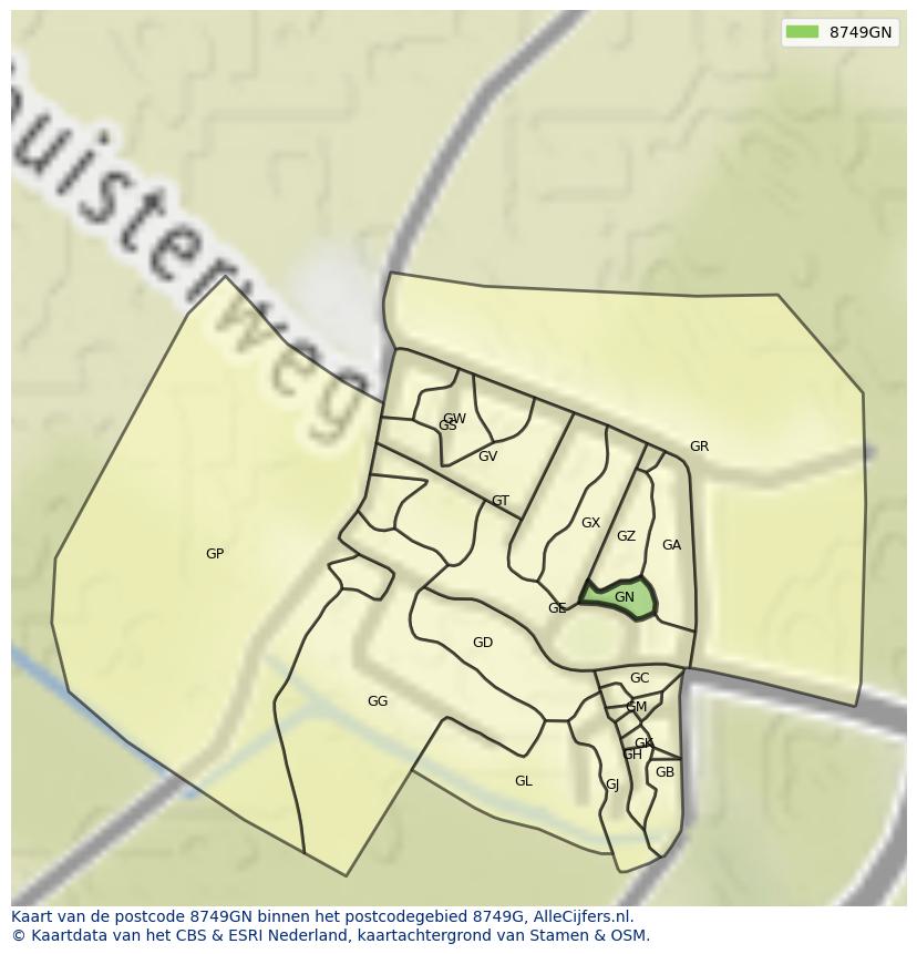 Afbeelding van het postcodegebied 8749 GN op de kaart.