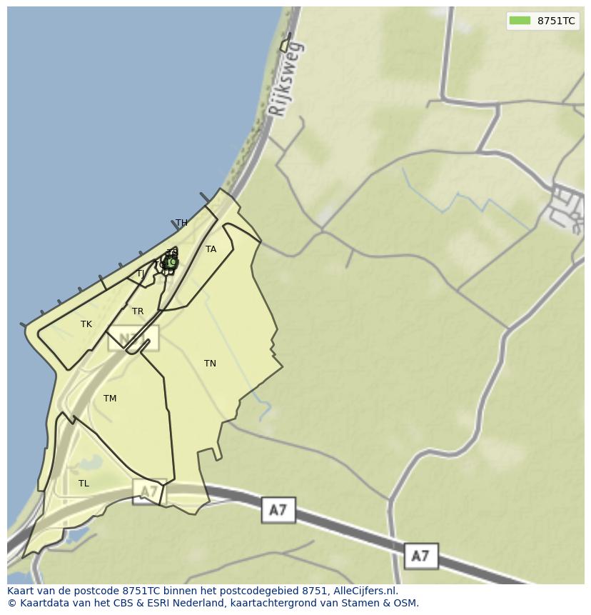 Afbeelding van het postcodegebied 8751 TC op de kaart.