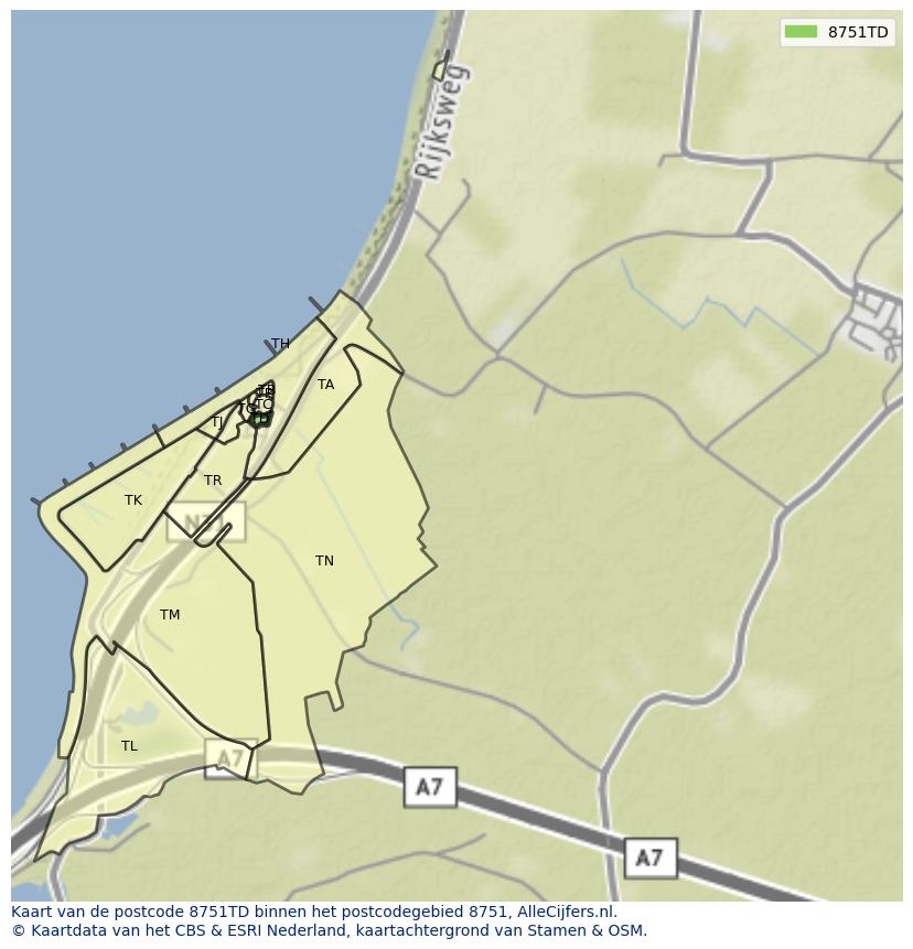 Afbeelding van het postcodegebied 8751 TD op de kaart.
