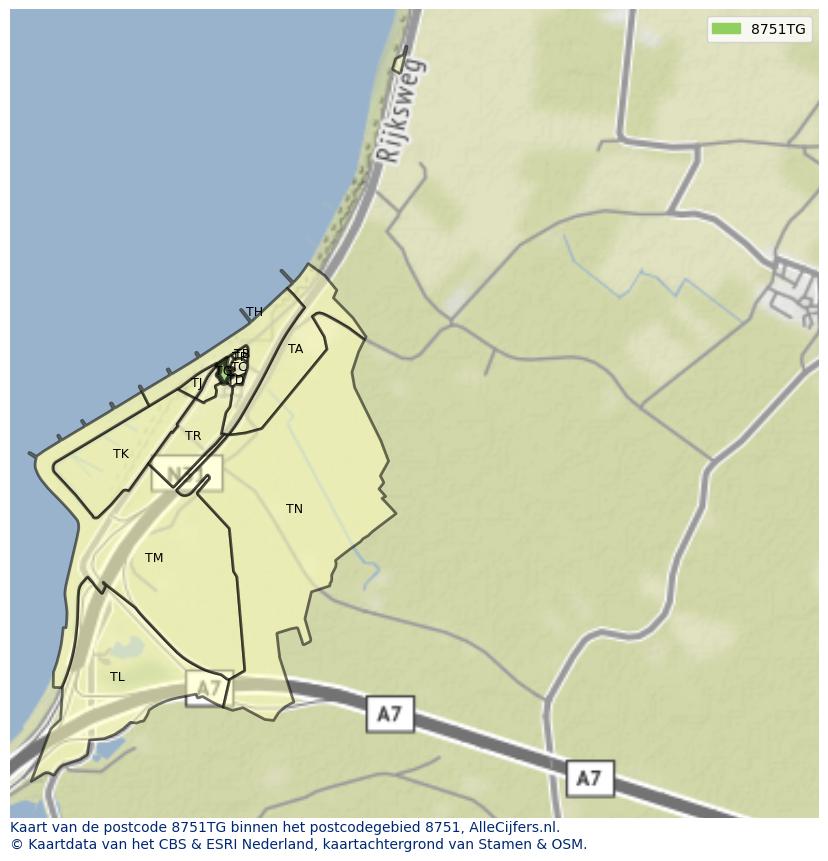 Afbeelding van het postcodegebied 8751 TG op de kaart.