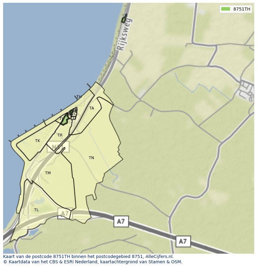 Afbeelding van het postcodegebied 8751 TH op de kaart.